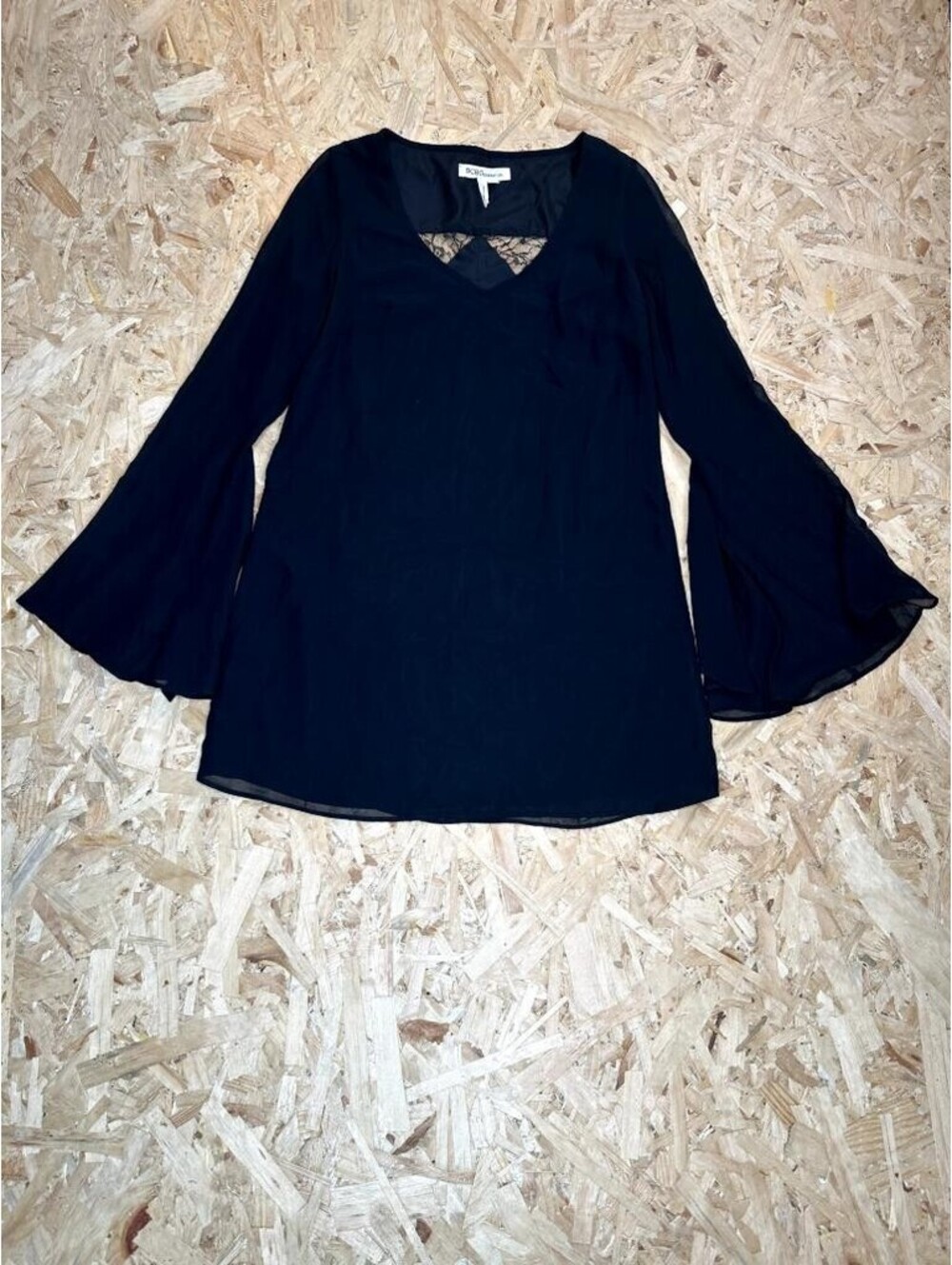 BCBGeneration Womens XS Black Sheer Bell Sleeve Blouse Lace Back Detail V-Neck